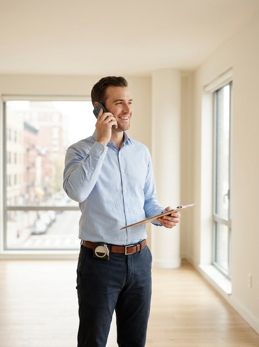 Diagnostiqueur immobilier au téléphone dans un appartement lumineux