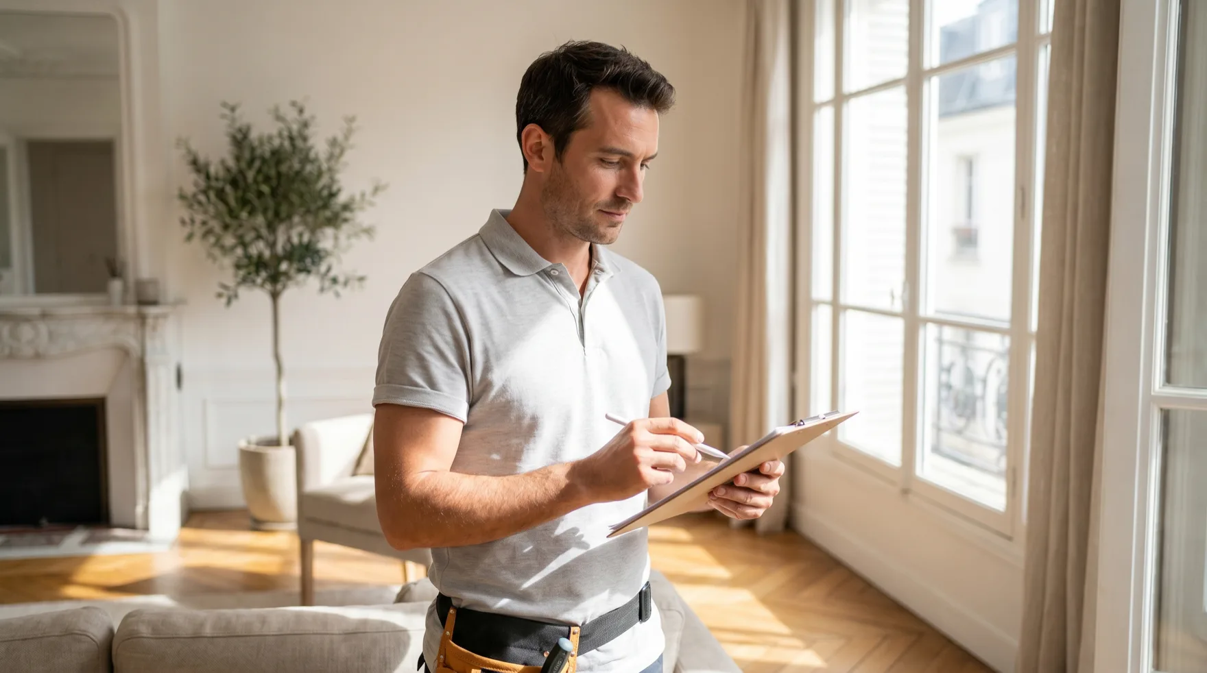 Diagnostiqueur immobilier réalisant une inspection dans un appartement
