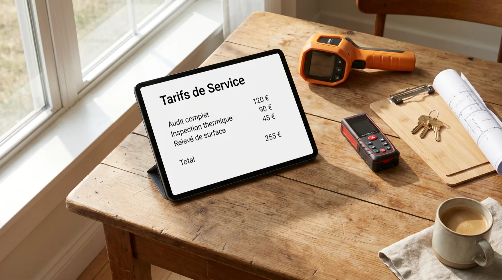 Tablette affichant une grille tarifaire claire en euros, posée à côté d'outils de diagnostic